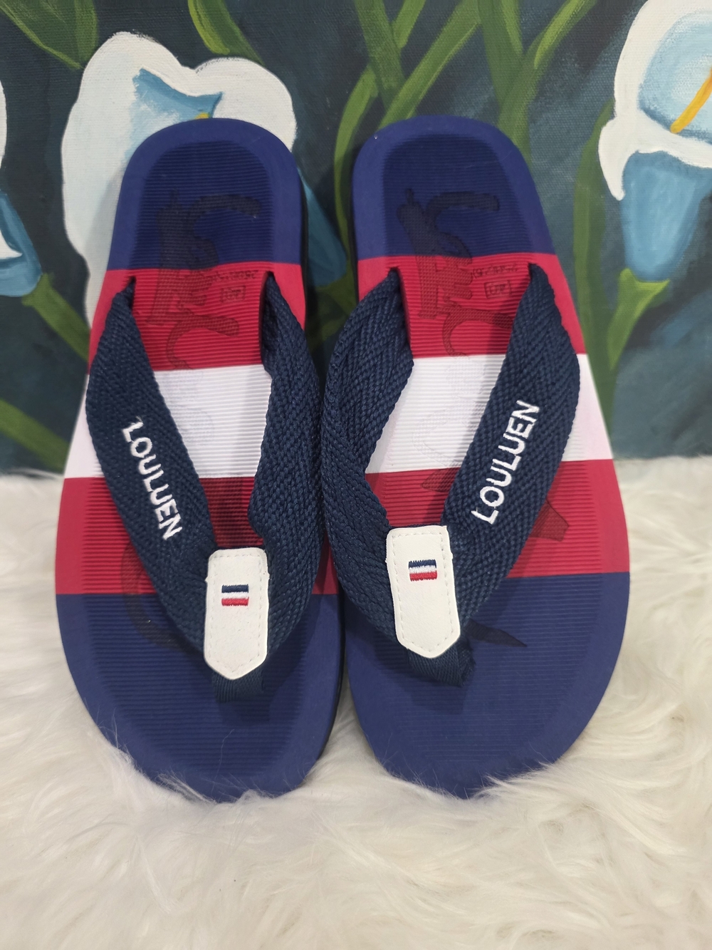Louluen Flip-Flops, Water shoes striped red, white, and blue Size 9 Women